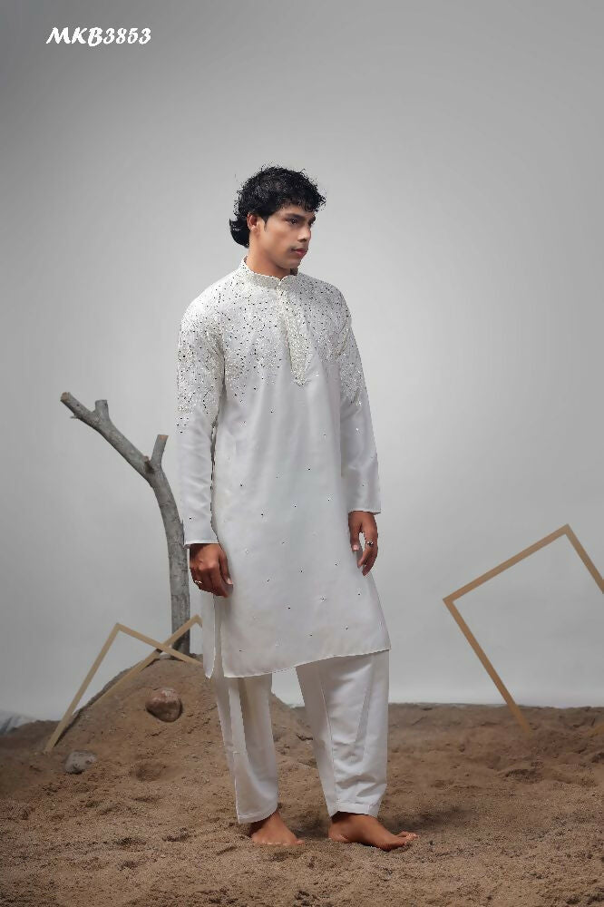 White Greek Satin Heavy Embroidery Work Kurta Set - Mahotsav | Grocsy