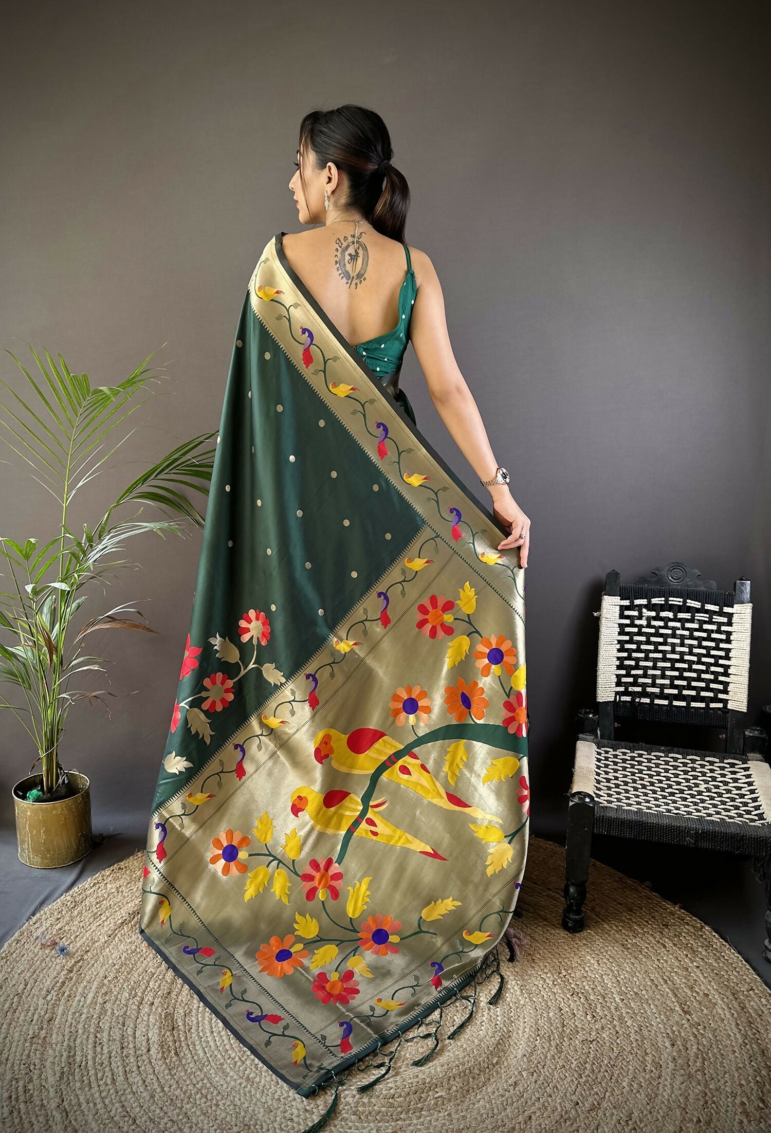 Joban Fashion Green Zari Woven Floral Motifs Soft Silk Paithani Silk Saree | Grocsy