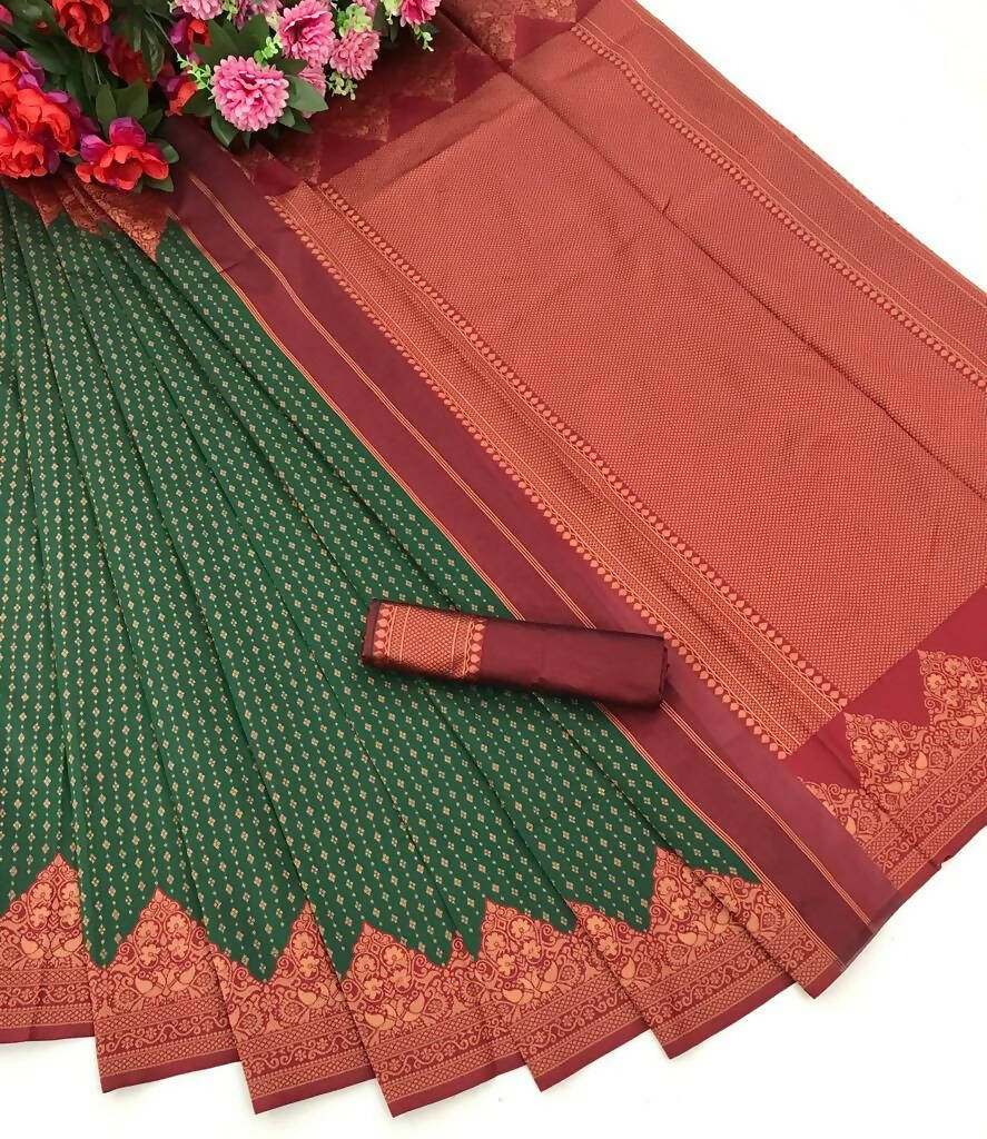 DEIANA'S Beautiful Designer Golden zari Soft Lichi Silk Saree - Green | Grocsy