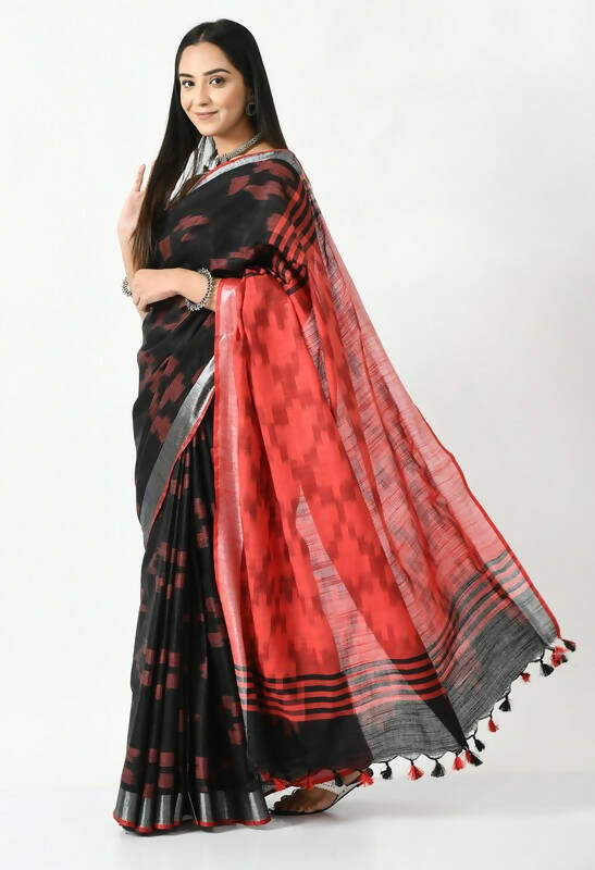 Mominos Fashion Moeza Black & Red Bhagalpuri Handloom Ikat Pure Cotton Saree with unstitched Blouse piece | Grocsy