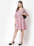 Myshka Women's Pink Poly Crepe Printed Bell Sleeve Round Neck Dress | Grocsy