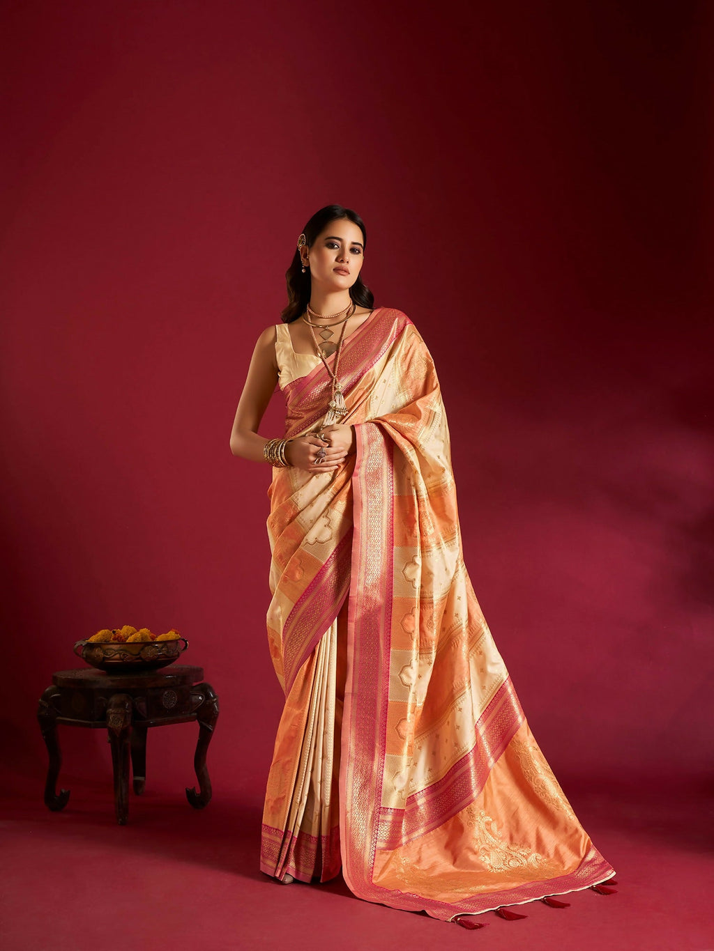 Joban Fashion Cream & Orange Plain With Weaving Border Banarasi Silk Sarees | Grocsy