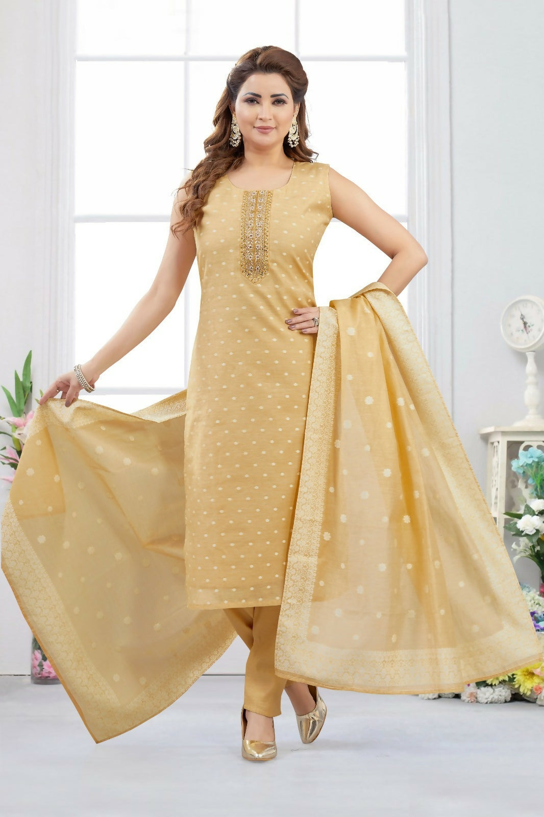 Joban Fashion Chanderi Mustard Color Kurta Set | Grocsy