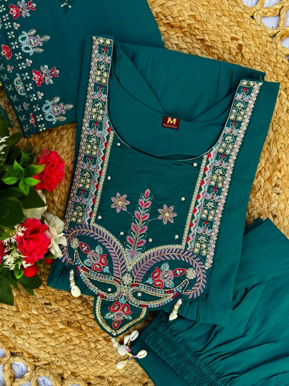 Lehenga Mart Designer Anarkali Suit With Kurta, Pant, Dupatta For Women-Teal | Grocsy