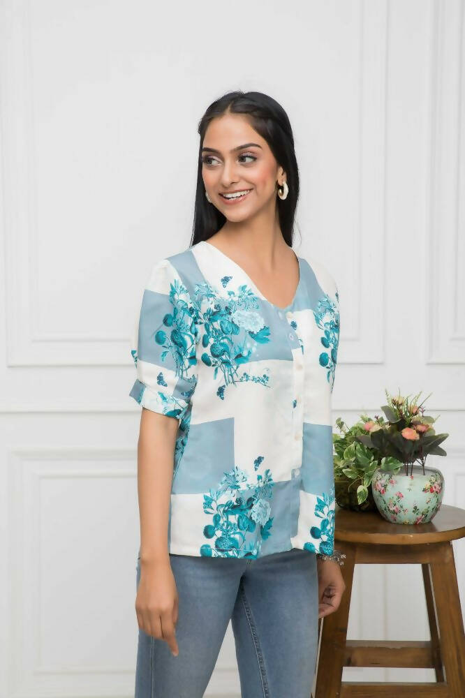 Myshka Women White Floral V-Neck Flutter Sleeves Viscose Rayon Top | Grocsy