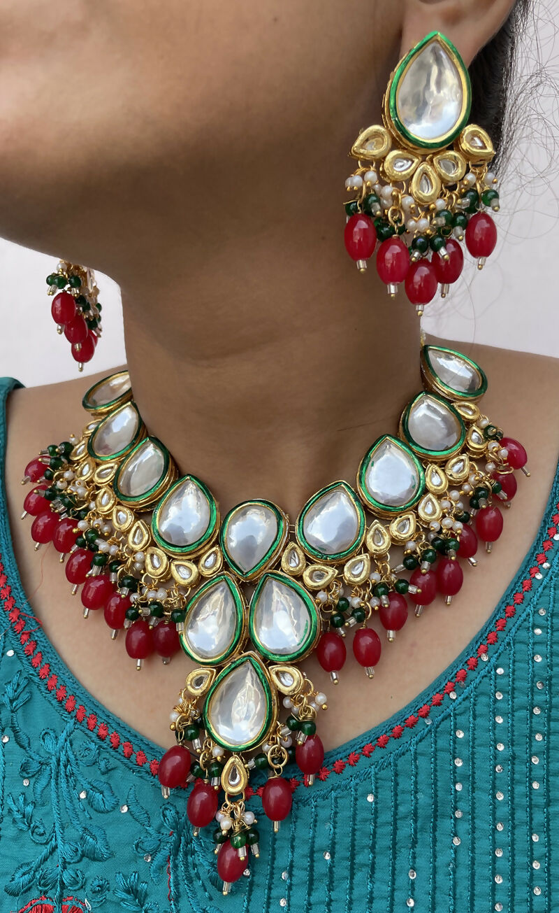 Joban Fashion Hand Made High Quality Gold Plated Base Metal Alloy Kundan Stone Studded Kundan Jewellery Set | Grocsy