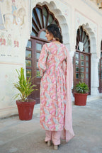 Vaasva Women Peach Muslin Embroidered Kurta, Pant & Dupatta Set | Grocsy