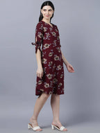 Myshka Women Burgundy Beige Floral Print A-line Dress | Grocsy