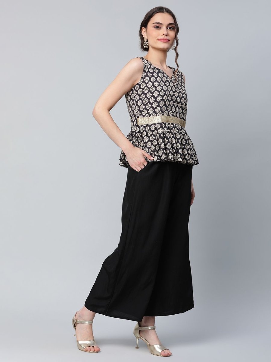 Ahalyaa Women Black Crepe Digital Printed Top with Palazzo Set | Grocsy