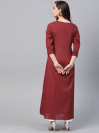 Yufta Women Rust Red & White Embroidered Mirror Work Yoke Design Cotton A-Line Dress | Grocsy