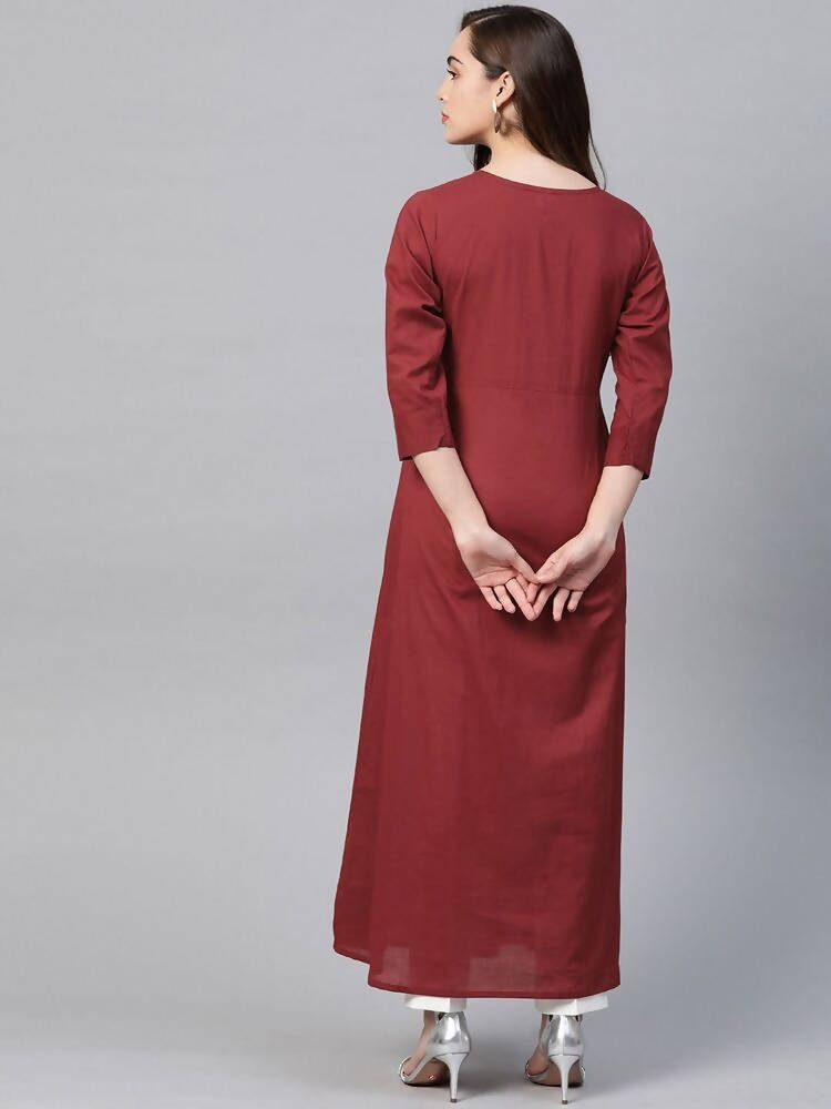 Yufta Women Rust Red & White Embroidered Mirror Work Yoke Design Cotton A-Line Dress | Grocsy