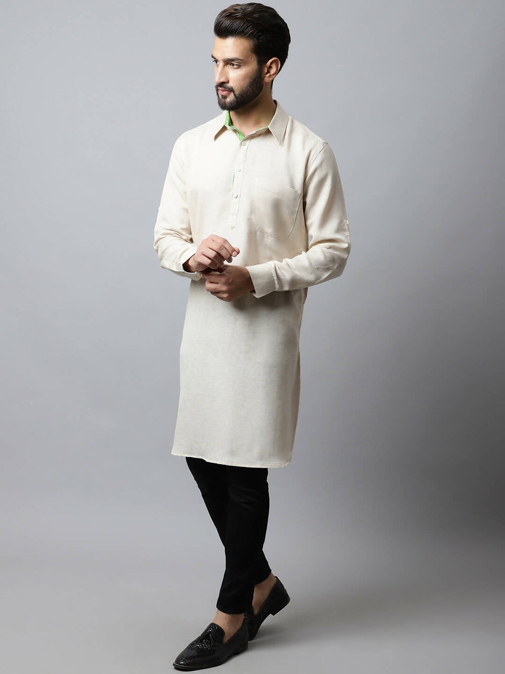 Even Apparels Cream Color Cotton Solid Men's Kurta With Shirt Collar (LN027) | Grocsy