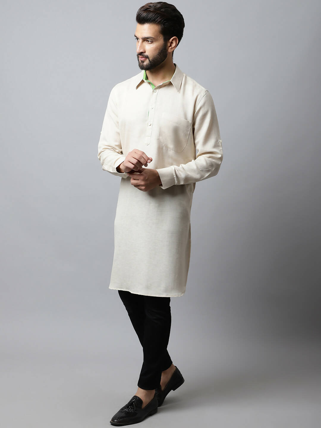 Even Apparels Cream Color Cotton Solid Men's Kurta With Shirt Collar (LN027) | Grocsy