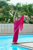 Vastranavya Pink Embroidery Work Shimmer Chiffon Saree with Unstitched Blouse | Grocsy