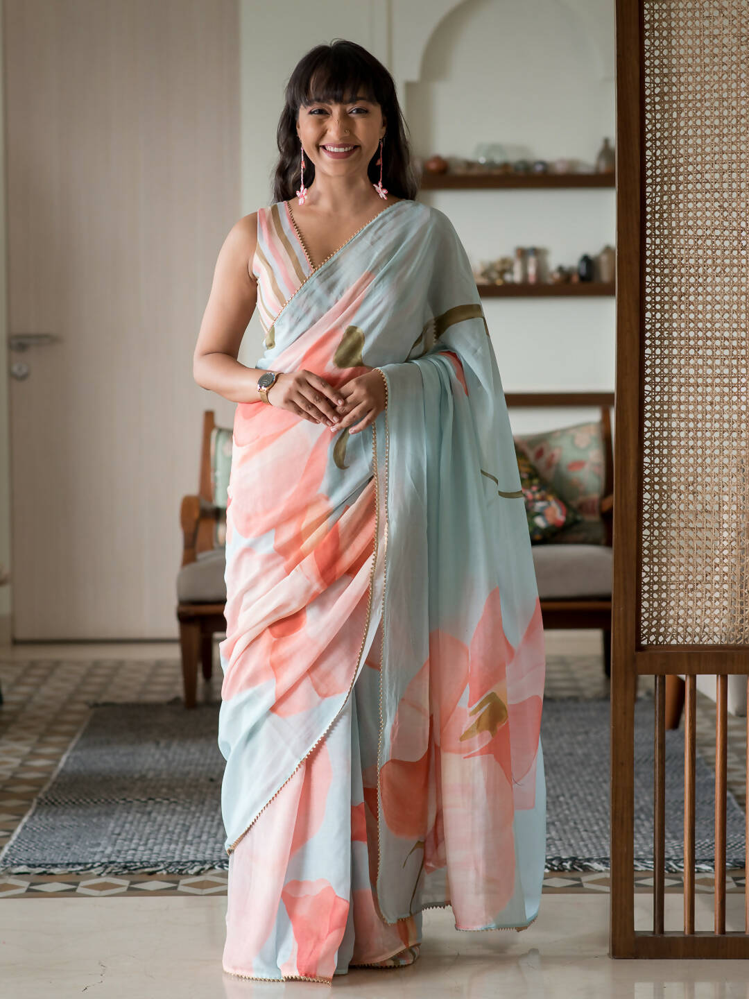 Suta Blue Floral Pure Cotton Saree | Grocsy
