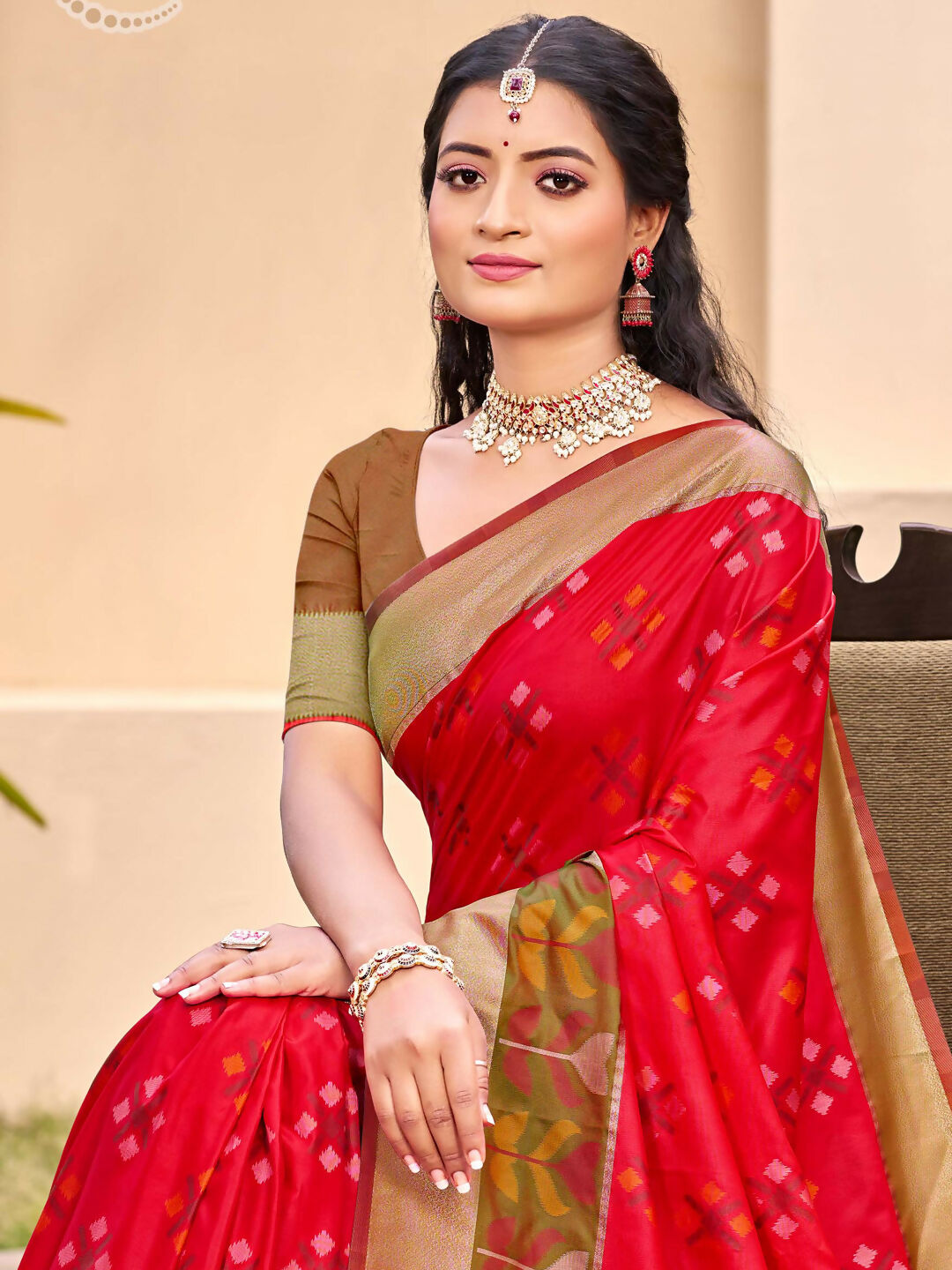 Shree Shyam Fashion Pochampalli Silk Red Saree | Grocsy
