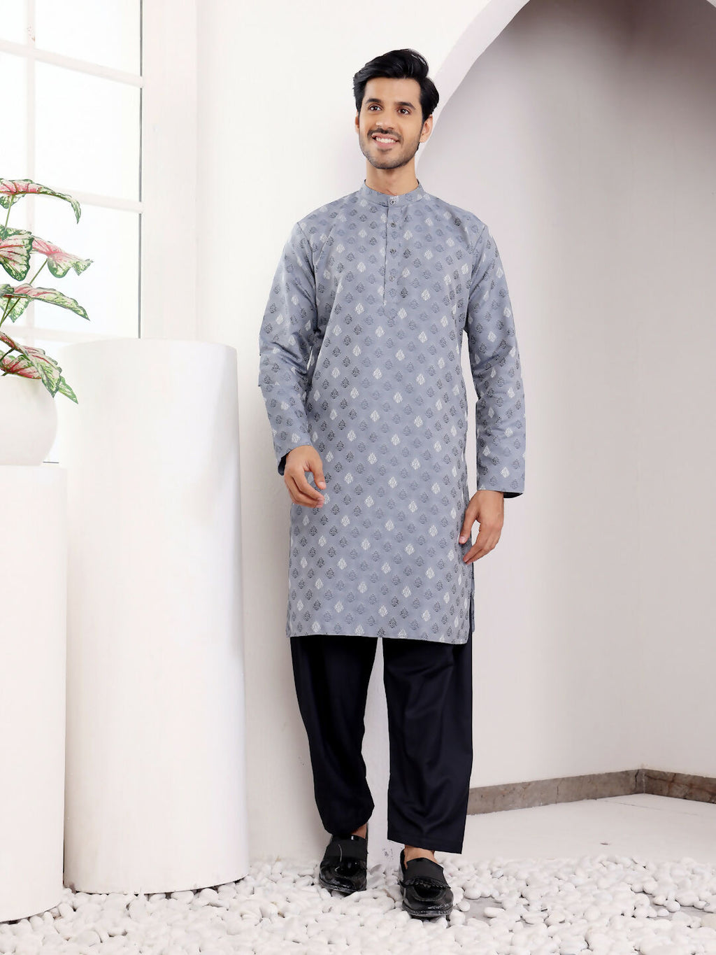 Blue Viscose Woven Jacquard Work Men's Kurta - Mahotsav | Grocsy