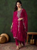 Sangria Floral Embroidered Straight Kurta & Trouser With Dupatta | Grocsy