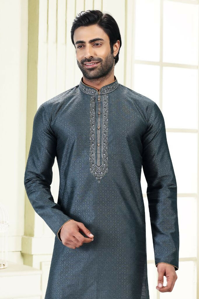 Raivat Ethnic Jacquard Banarasi Silk Thread Work Kurta Pajama In Grey Colour | Grocsy