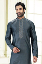 Raivat Ethnic Jacquard Banarasi Silk Thread Work Kurta Pajama In Grey Colour | Grocsy