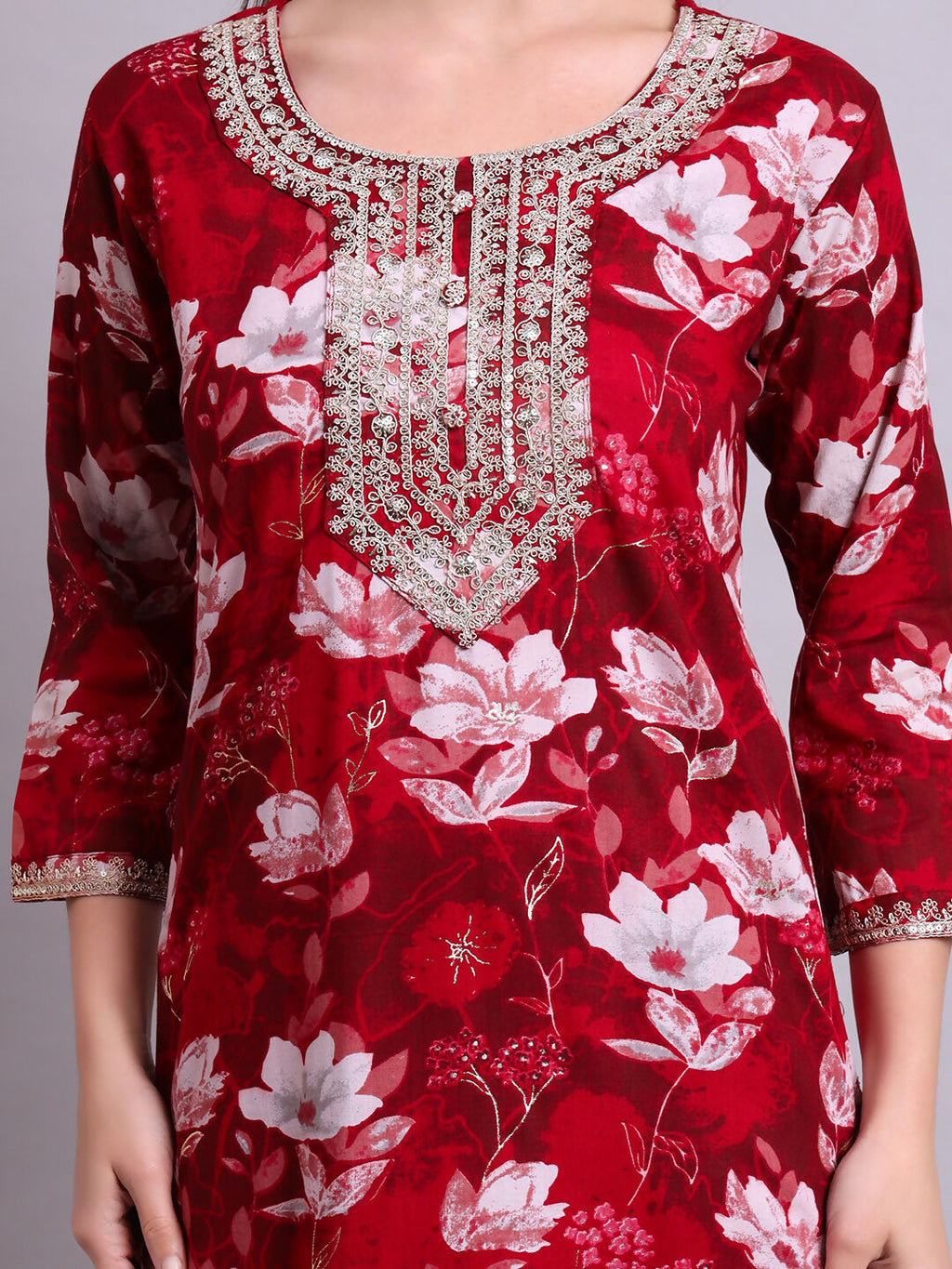 Joban Fashion Mahroon Cotton Floral Printed & Embroidery Work Kurta With Trousers & Dupatta Set | Grocsy