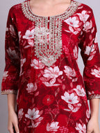 Joban Fashion Mahroon Cotton Floral Printed & Embroidery Work Kurta With Trousers & Dupatta Set | Grocsy