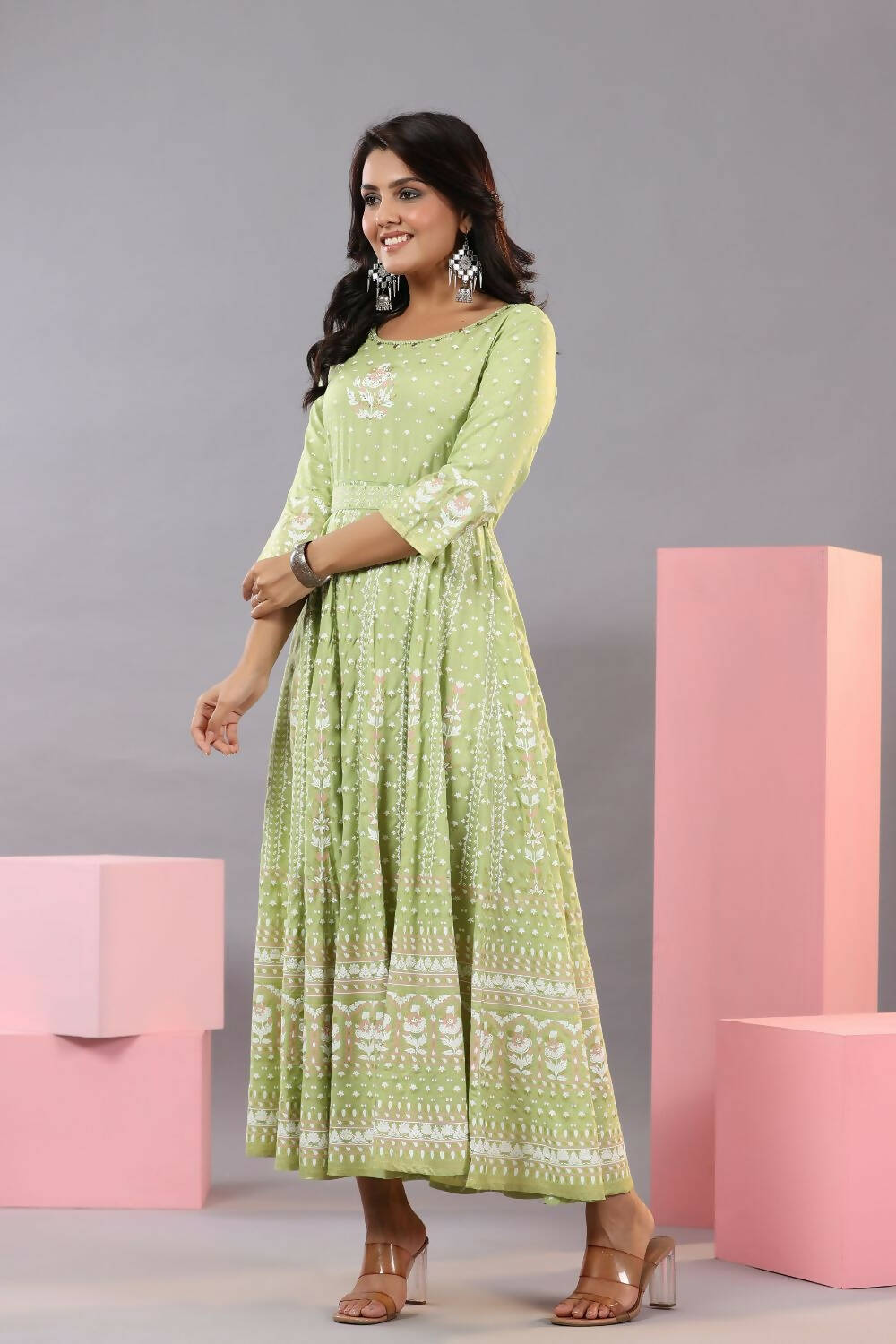 Juniper Women Green Rayon Staple Printed Maxi Dress | Grocsy