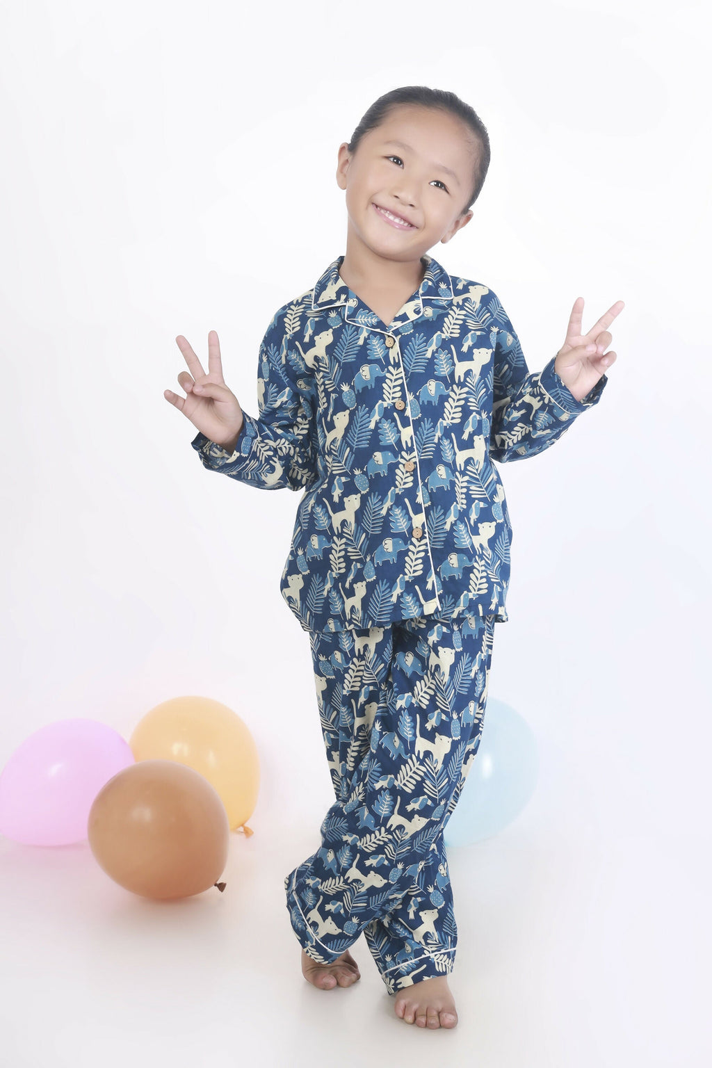 Breathables Kids Cotton Night Suit – Blue Jungle Print Shirt & Pyjama Co-Ord Set For Boys & Girls | Grocsy