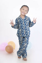 Breathables Kids Cotton Night Suit – Blue Jungle Print Shirt & Pyjama Co-Ord Set For Boys & Girls | Grocsy