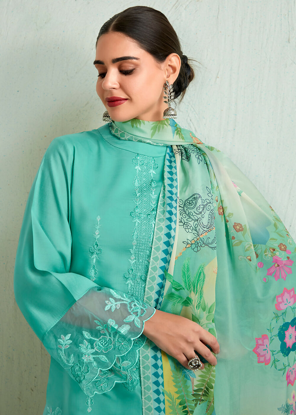 Turquoise Blue Pure Muslin Resham Embroidered Salwar Suit - Emponline | Grocsy