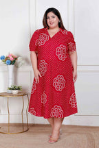 Miravan Plus Size Womens Red Bandhani Printed Collar Neck Maxi Dress | Grocsy
