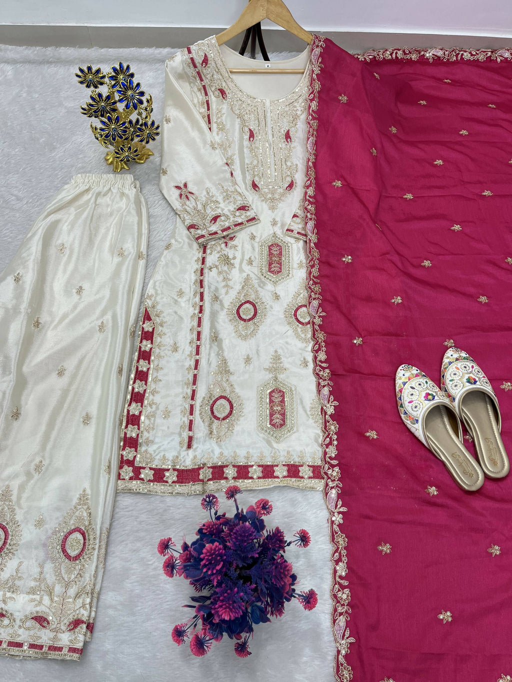 Teeya Creation White Color Chinon Silk Party Wear Trending Palazzo Set | Grocsy