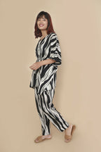 Breathables Women’S Loungewear Kaftan Cotton Black & White Abstract Print Co-Ord Set | Grocsy