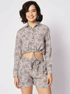Grey Crepe Floral Printed Top with Matching Shorts Set - Shivani | Grocsy