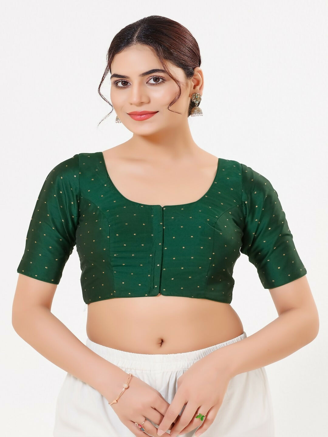 Joban Fashion 2T Bottle-Green Taffeta Silk Elbow Sleeveless Front Open Blouse | Grocsy