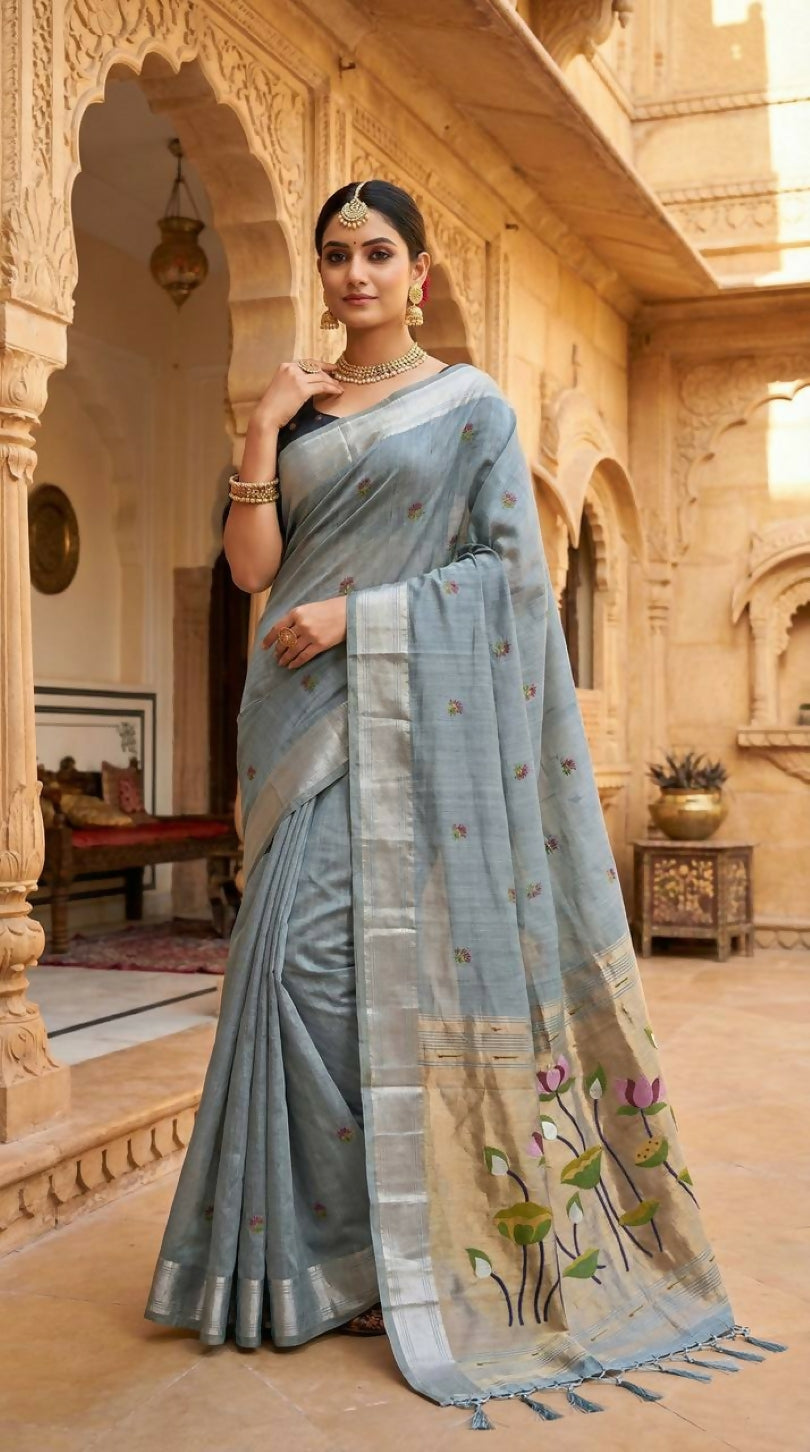 Vastranavya Sky Blue Muga Cotton Meenakari & Munia Weaving Pallu Saree with Contrast Blouse | Grocsy