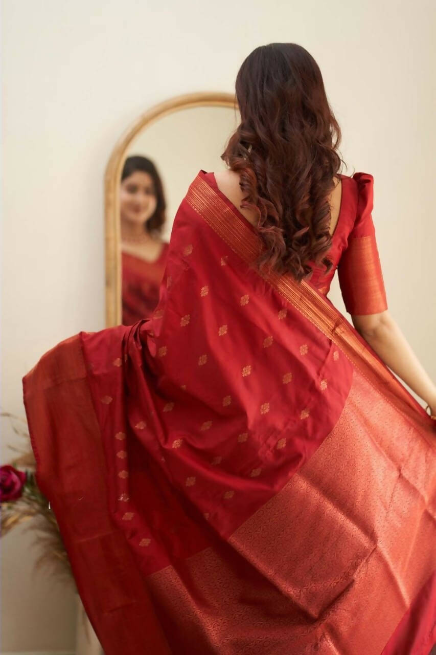 DEIANA'S Beautiful Designer Golden zari Soft Lichi Silk Saree - Red | Grocsy