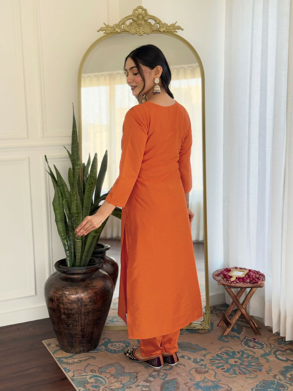 The52 Orange Women's Gorgeous Embroidered Rayon Fabric with Straight Kurta, Pant and Dupatta Set | Grocsy