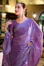 Vastranavya Lavender Embroidery Work Shimmer Chiffon Saree with Unstitched Blouse | Grocsy