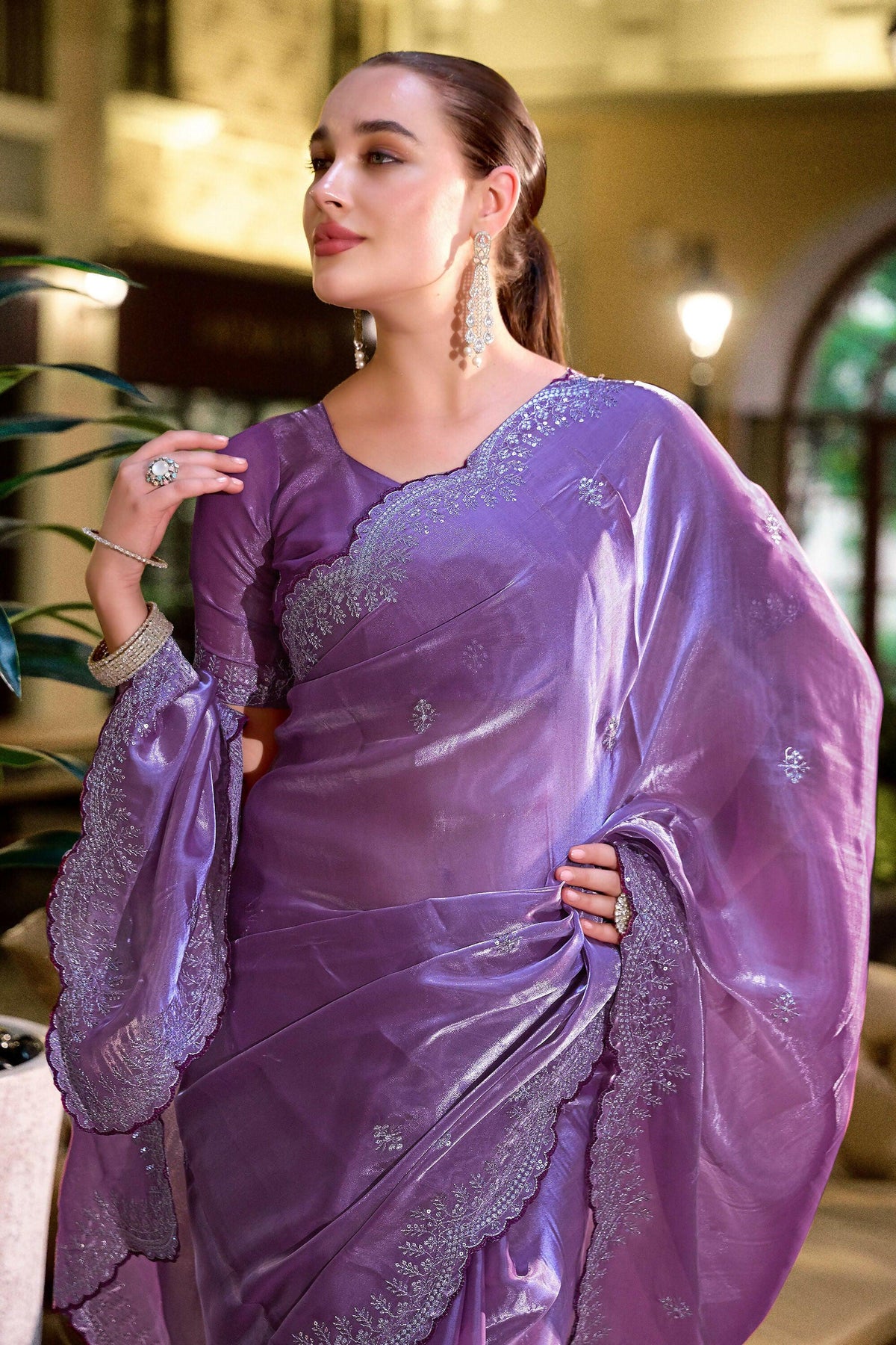Vastranavya Lavender Embroidery Work Shimmer Chiffon Saree with Unstitched Blouse | Grocsy
