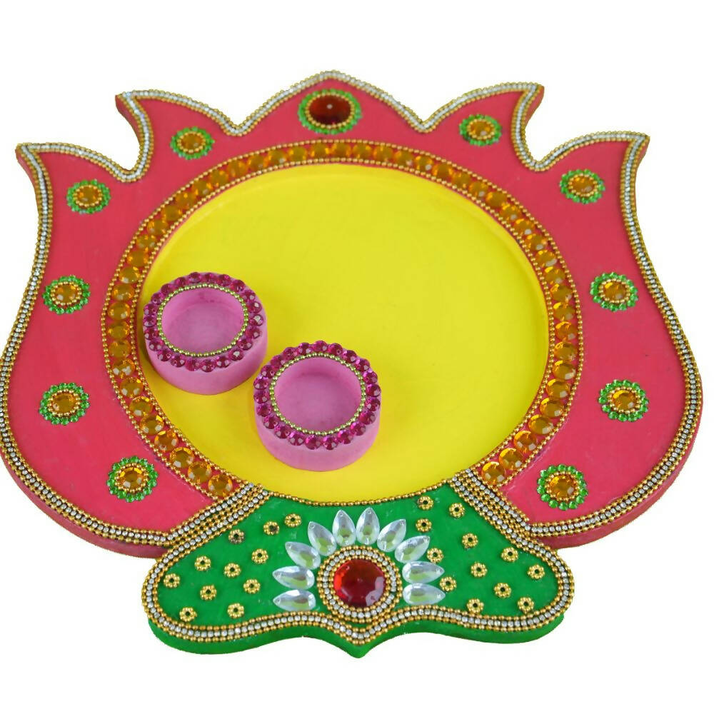 Kundan HandiKrafts Mdf Lotus Pooja Thalis - Pink | Grocsy