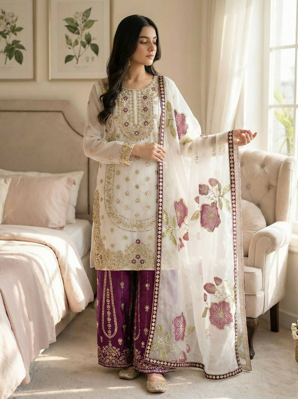 Teeya Creation Wine Gimmy Silk Designer Embroidery Work Wedding Wear Palazzo Pair | Grocsy