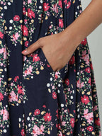 Manet Three Fourth Maternity Dress Floral Print With Concealed Zipper Nursing Access - Navy Blue | Grocsy
