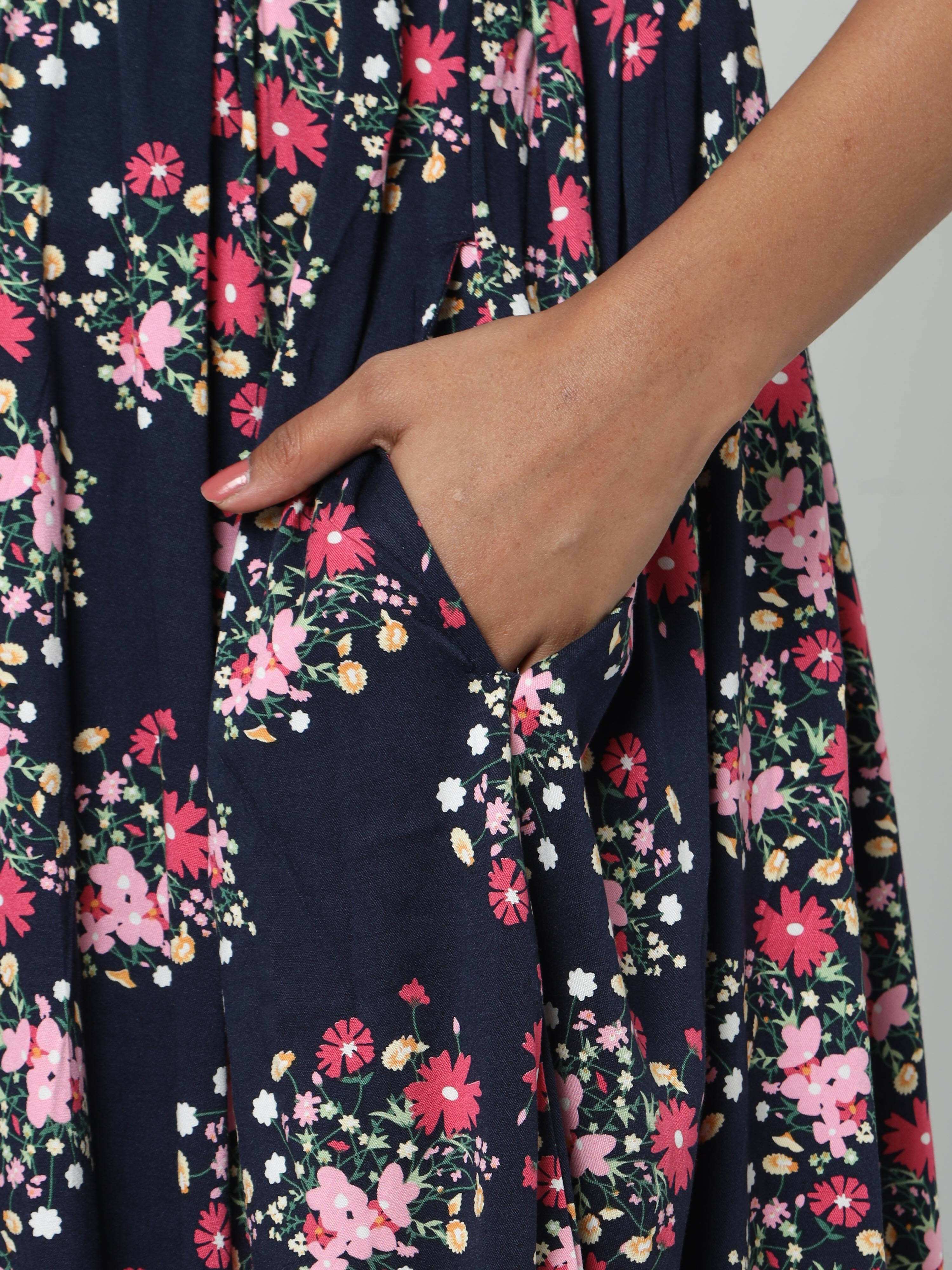 Manet Three Fourth Maternity Dress Floral Print With Concealed Zipper Nursing Access - Navy Blue | Grocsy