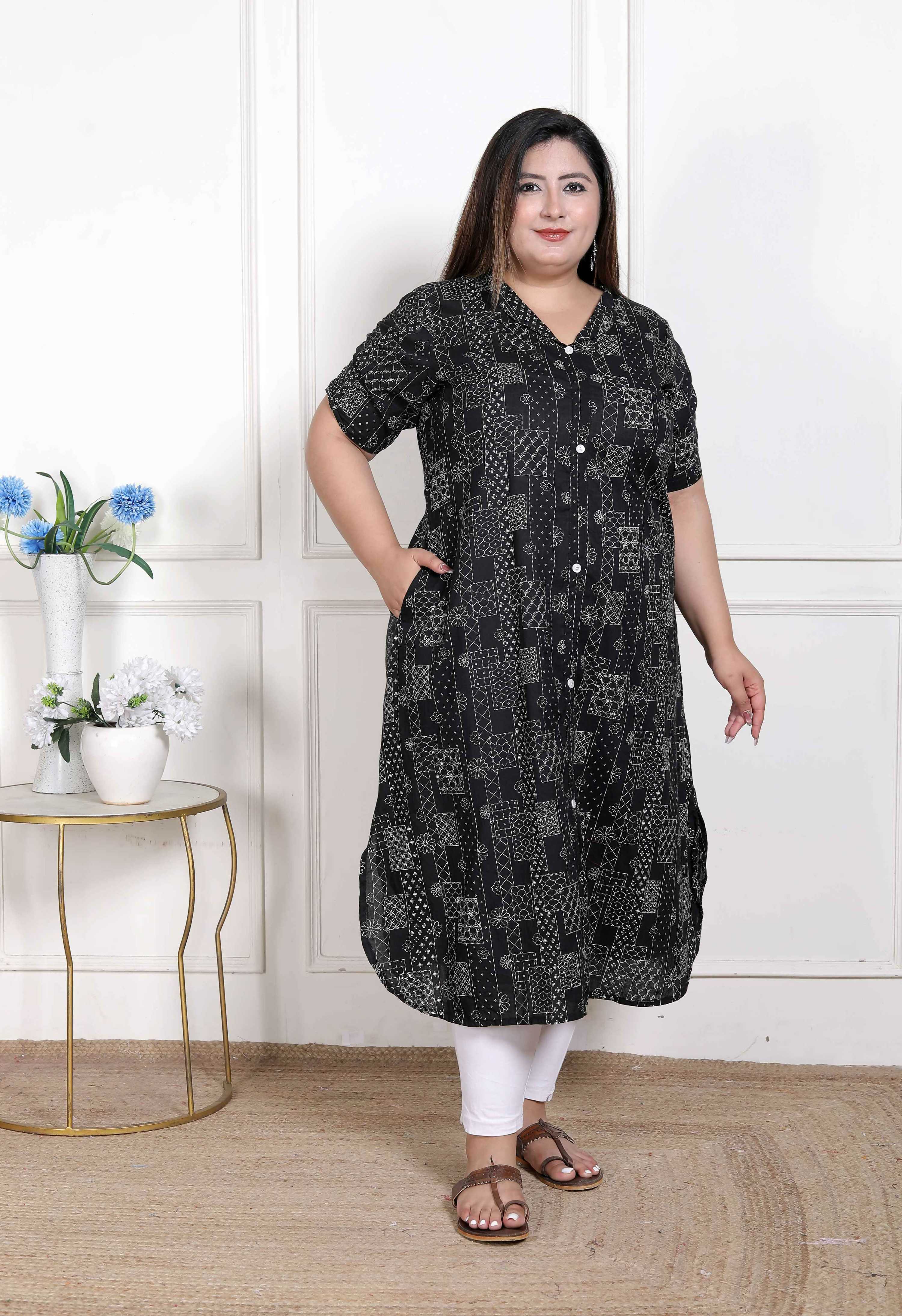 Miravan Women's Plus Size Pure Cotton Black Floral Printed Front Button A-Line Kurta | Grocsy