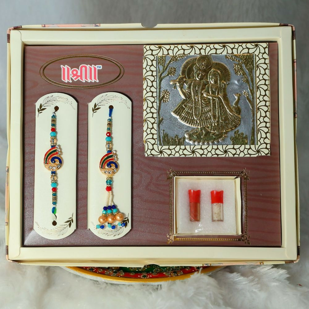 Indianvibez Exclusive Gift Pack Of Bhai Bhabhi Meenakari Desginer Rakhi With Roli & Krishna Silver Gold Plated Radha Krishna Foil | Grocsy