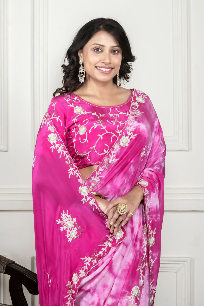 Morchari Pink Crepe Hand Embroidery Saree And Stitched Blouse | Grocsy