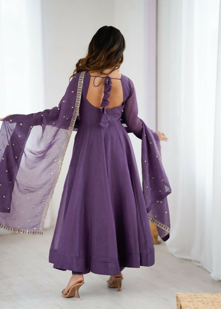 The52 Women's Beautiful Embroidery Work Crunchy Silk Fabric Flared Anarkali Pant and Dupatta Set | Grocsy