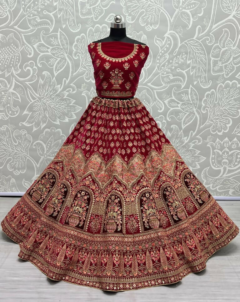 Jyoti Fashion Women's Rani Pink Velvet Multi Thread Embroidered with Zircon Diamond Wedding Lehenga Choli | Grocsy