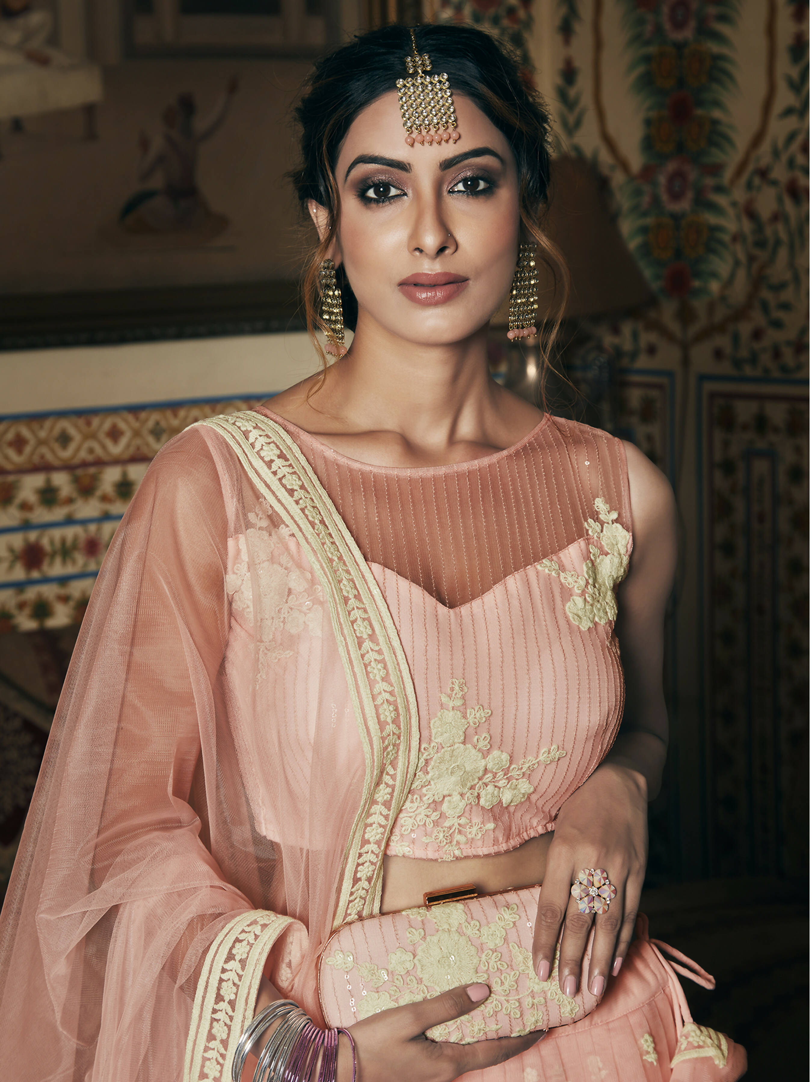 Wedding Designer Sequene Zari Resham Embroidery Peach Net Lahengha Choli - Anbazaar | Grocsy